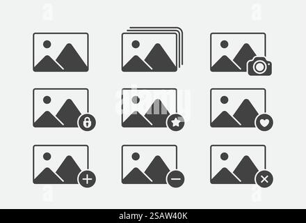 Ensemble d'icônes de galerie d'images. Conception d'album photo numérique de collection vectorielle. Modifier, supprimer, ajouter, icône de favori. Illustration de Vecteur
