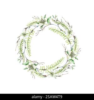 Couronne d'aquarelle de printemps de feuilles de fougères, de brindilles, de branches de saule et de fleurs blanches d'hellebore. Banque D'Images