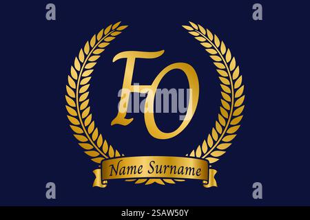 Lettre initiale F et O, logo FO monogramme avec couronne de laurier. Emblème doré de luxe avec police calligraphie. Illustration de Vecteur