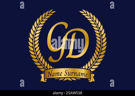 Lettre initiale G et d, logo GD monogramme avec couronne de laurier. Emblème doré de luxe avec police calligraphie. Illustration de Vecteur