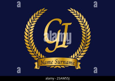 Lettre initiale G et I, logo de monogramme GI avec couronne de laurier. Emblème doré de luxe avec police calligraphie. Illustration de Vecteur