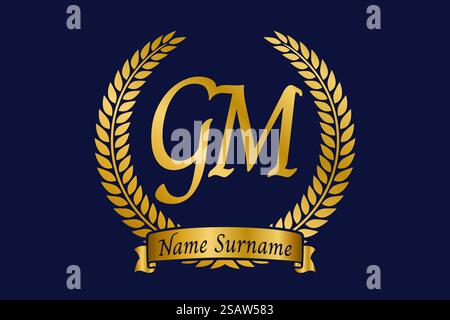 Lettres initiales G et M, logo GM monogramme avec couronne de laurier. Emblème doré de luxe avec police calligraphie. Illustration de Vecteur