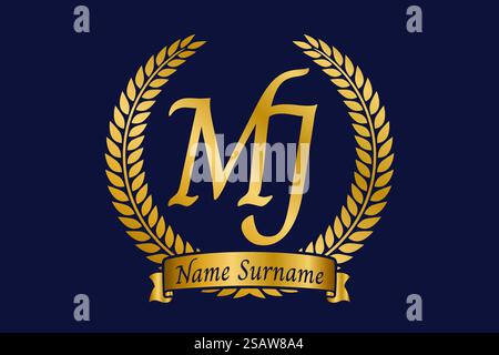 Lettre initiale M et J, logo MJ monogramme avec couronne de laurier. Emblème doré de luxe avec police calligraphie. Illustration de Vecteur