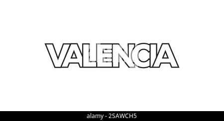 Valence dans l'emblème de l'Espagne pour l'imprimé et le web. La conception présente un style géométrique, illustration vectorielle avec une typographie audacieuse dans une police moderne. Lettrage de slogan graphique isolé sur fond blanc. Illustration de Vecteur