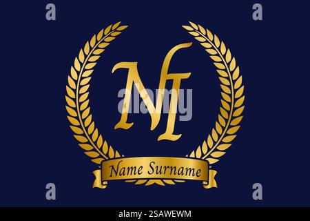Lettre initiale N et I, logo ni monogramme avec couronne de laurier. Emblème doré de luxe avec police calligraphie. Illustration de Vecteur