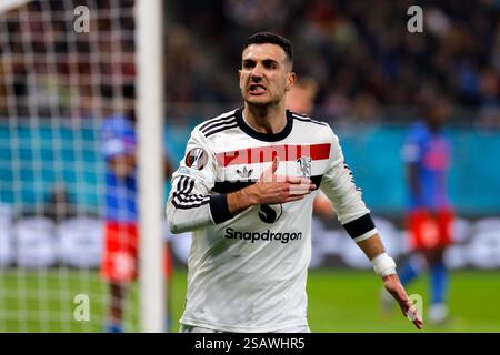 Roumanie, Roumanie. 30 janvier 2025. Diogo Dalot de Manchester United célèbre le but lors du match de football de l'UEFA Europa League entre Manchester United et la FCSB à Bucarest, Roumanie, le 30 janvier 2025. Crédit : Cristian Cristel/Xinhua/Alamy Live News Banque D'Images