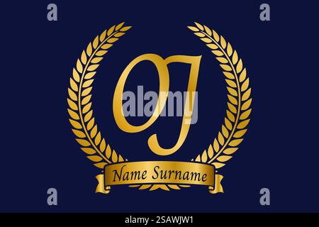 Lettre initiale O et J, logo monogramme JO avec couronne de laurier. Emblème doré de luxe avec police calligraphie. Illustration de Vecteur
