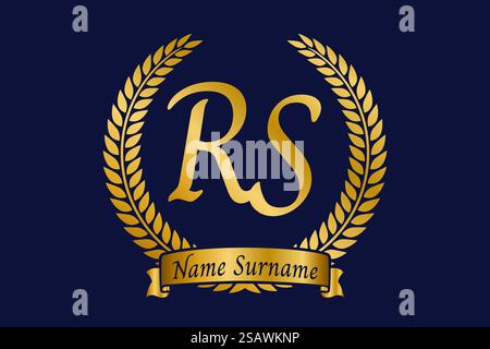 Lettre initiale R et S, logo monogramme RS avec couronne de laurier. Emblème doré de luxe avec police calligraphie. Illustration de Vecteur