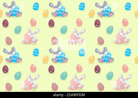 Fond de Pâques avec lapin et œufs. Modèle sans couture pour les vacances de printemps. Pour invitation, emballage, tissu imprimé et papier.. Fond de Pâques avec lapin et œufs. Modèle sans couture pour les vacances de printemps. Pour déoration, invitation, emballage, impression de tissu. Illustration de Vecteur