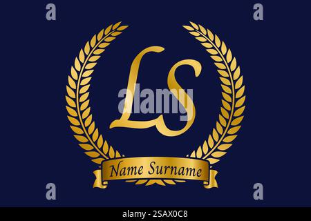 Lettre initiale l et S, logo monogramme LS avec couronne de laurier. Emblème doré de luxe avec police calligraphie. Illustration de Vecteur