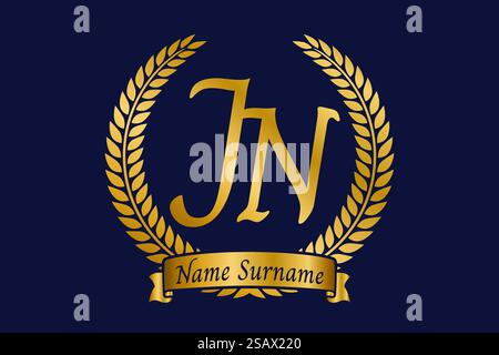 Lettre initiale J et N, logo monogramme JN avec couronne de laurier. Emblème doré de luxe avec police calligraphie. Illustration de Vecteur