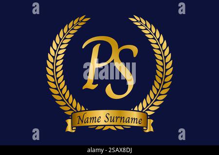 Lettre initiale P et S, logo PS monogramme avec couronne de laurier. Emblème doré de luxe avec police calligraphie. Illustration de Vecteur