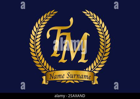 Lettre initiale T et M, logo TM monogramme avec couronne de laurier. Emblème doré de luxe avec police calligraphie. Illustration de Vecteur