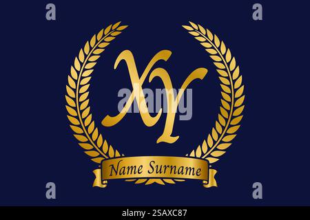 Lettre initiale X et y, logo monogramme XY avec couronne de laurier. Emblème doré de luxe avec police calligraphie. Illustration de Vecteur