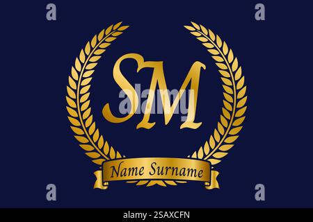 Lettre initiale S et M, logo monogramme SM avec couronne de laurier. Emblème doré de luxe avec police calligraphie. Illustration de Vecteur
