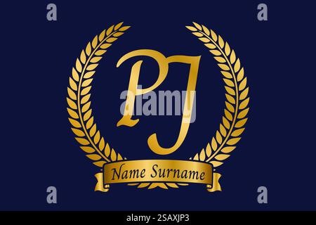 Lettre initiale P et J, logo PJ monogramme avec couronne de laurier. Emblème doré de luxe avec police calligraphie. Illustration de Vecteur