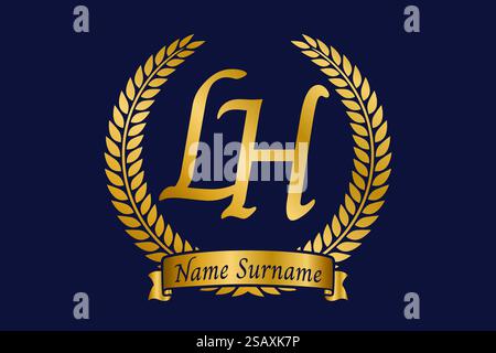 Lettre initiale l et H, logo monogramme LH avec couronne de laurier. Emblème doré de luxe avec police calligraphie. Illustration de Vecteur