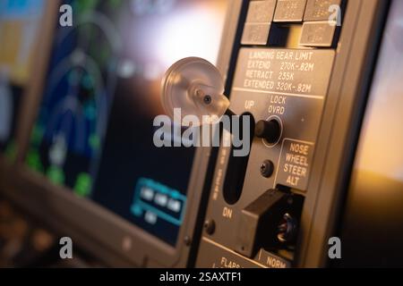 Gros plan de la poignée du levier de vitesses sur le poste de pilotage d'un B737MAX Banque D'Images