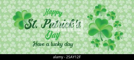 Bannière Web de la Saint Patrick avec fond de motif de feuille de Shamrock vert. Joyeux, Patrick Day bannière de vacances traditionnelle irlandaise, affiche, isolé Illustration de Vecteur