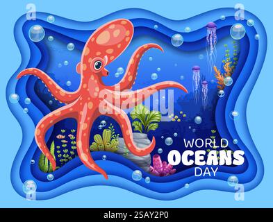 Journée mondiale des océans bannière découpée en papier avec un animal de poulpe. Fond de faune océanique, papier peint coupé de la nature marine. Bannière ou affiche Word Ocean Day avec Illustration de Vecteur