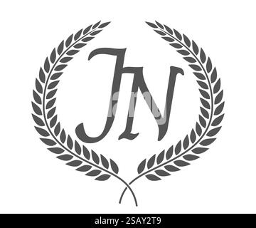 Lettre initiale J et N, logo monogramme JN avec couronne de laurier. Emblème de luxe avec police calligraphie.. Lettre initiale J et N, logo monogramme JN avec couronne de laurier. Police calligraphie de luxe. Illustration de Vecteur