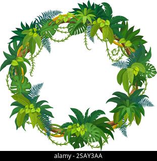 Cadres de jungle tropicale, branches de liane de forêt tropicale et feuilles. Élément de conception de brindilles d'arbustes de forêt tropicale. Liane de la jungle ou branches de lierre vecteur isolé Illustration de Vecteur