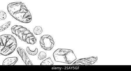 Type assorti de cadre vectoriel noir blanc de pain. Pain de pain, challah, rond de seigle rustique, ciabatta et petits pains dessin de contour à bord. Produits de boulangerie sur Illustration de Vecteur