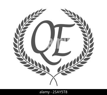Lettre initiale Q et E, logo monogramme QE avec couronne de laurier. Emblème de luxe avec police calligraphie.. Lettre initiale Q et E, logo monogramme QE avec couronne de laurier. Police calligraphie de luxe. Illustration de Vecteur