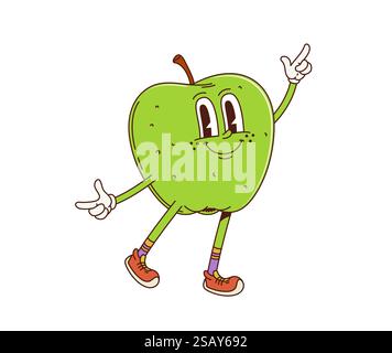 Dessin animé vert fruit de pomme mignon groovy caractère. Ferme des fruits crus 60s 70s caractère heureux. Pomme verte fraîche rétro dessin animé mascotte ou hea isolée de vecteur Illustration de Vecteur