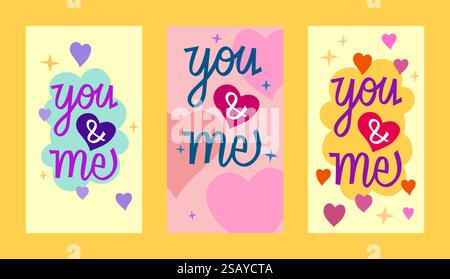 Saint-Valentin amour illustration - vous & moi dans une belle typographie manuscrite avec des cœurs flottants pour les couples et les designs romantiques Illustration de Vecteur