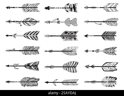 Icônes de flèche de bohémien. Arme indienne. Eléments décoratifs amérindiens. Style griffonnage dessiné à la main. Longbow silhouette noire pour le tir à l'arc. Pièces d'arc de chasse Illustration de Vecteur