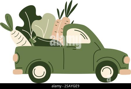 Camion de ramassage agricole rétro rempli de produits d'épicerie frais du supermarché ou du marché fermier. Légumes frais biologiques dans la voiture pour un design écologique o Illustration de Vecteur