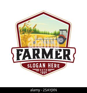 logo de l'agriculture avec champ de blé et illustration de tracteur, logo emblème avec style vintage Illustration de Vecteur