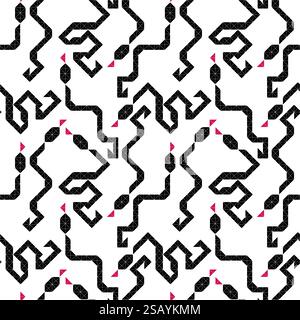 Snake 2025 chine le nouvel an. Les motifs géométriques sans couture en noir et blanc créent un design visuellement magnifique et symétrique. Illustration de Vecteur
