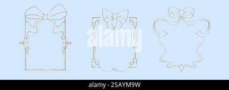 Cadres de coquette dorée avec des noeuds délicats en ruban sur le dessus, des tourbillons élégants et des éléments décoratifs ornés. Lignes de luxe art minces bordures en or dans l'esthétique romantique pour la conception d'invitations de mariage. Illustration de Vecteur