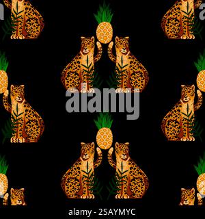 Modèle sans couture avec léopards et ananas. Vecteur. Illustration de Vecteur