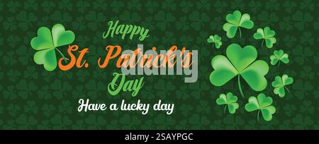 Bannière Web de la Saint Patrick avec fond de motif de feuille de Shamrock vert. Joyeux, Patrick Day bannière de vacances traditionnelle irlandaise, affiche, isolé Illustration de Vecteur