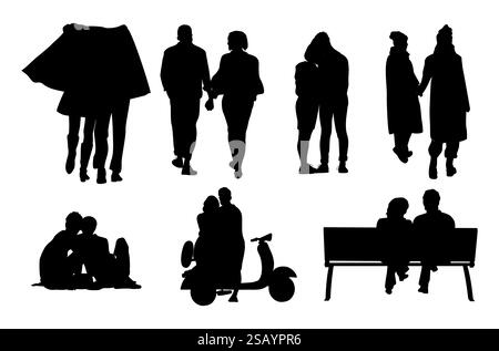 Amoureux couples datant, embrassant, silhouettes marchant Illustration de Vecteur