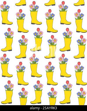 Modèle sans couture vectoriel de gumboot d'esquisse de doodle dessiné à la main coloré avec des fleurs isolées sur fond blanc Illustration de Vecteur