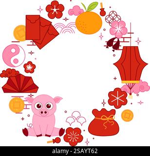nouvel an chinois 2031 cercle de cochon cadre rond décoration traditionnelle. Bordure vectorielle, cadre, fenêtre. asie, oriental, japon, corée, ensemble clip art. rétro g Illustration de Vecteur