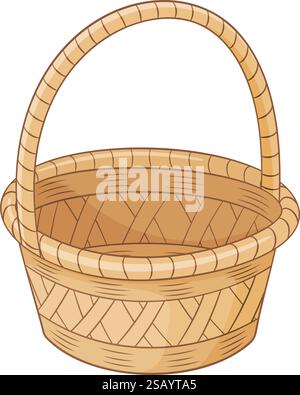 Panier vide en osier avec poignée, conteneur fait à la main ou valise dessiné à la main style plat tendance isolé accessoires décoratifs pour le stockage ou le transport pour la conception graphique Web. Illustration vectorielle Illustration de Vecteur