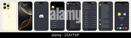 Écran Discord en blanc iPhone 16 pro. Discord application mobile de Microsoft Corporation sur un smartphone. Définir le modèle de maquette de réseau social sur IS Illustration de Vecteur