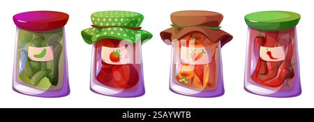 Ensemble de pots de conservation faits maison - récipients en verre avec concombres marinés, tomates, carottes et piments. Collection colorée de légumes en conserve avec couvercles étiquetés et couvercles décoratifs en tissu. Illustration de Vecteur