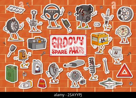 Dessin animé groovy voiture pièces de rechange personnages autocollants pack. Rétro Cute Auto Repair service Vector personnages. Groovy moteur psychédélique, huile, pneu de roue Illustration de Vecteur