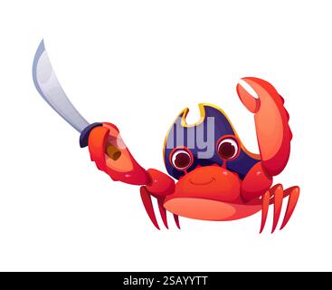 Personnage corsaire de pirate de crabe de dessin animé dans le chapeau tricorne de capitaine avec épée, personnage vecteur. Personnage drôle de crabe pirate des Caraïbes en tricorn avec cors Illustration de Vecteur