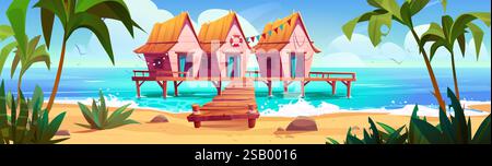 Panorama tropical de la station balnéaire - bungalows en bois avec toit de paille sur une jetée en bois au-dessus de l'eau bleue, décorés de bouées de sauvetage et de drapeaux festifs, entourés de palmiers. Scène de vacances en bord de mer Illustration de Vecteur