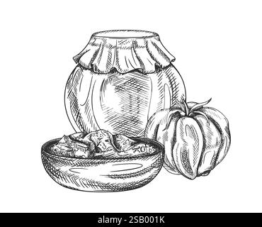 Illustration vectorielle de tomate, plat en bois avec sauce et pot. Légumes frais biologiques, récolte saine. Ingrédients, produits agricoles. Dessiné à la main, l Illustration de Vecteur