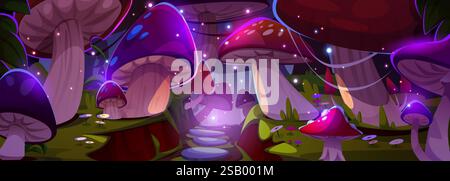 Forêt magique avec des champignons géants et des fleurs la nuit. Illustration vectorielle de dessins animés de plantes de couleur néon brillantes dans les bois, lucioles fantastiques dans l'obscurité, fond de jeu de conte de fées, village gnome Illustration de Vecteur