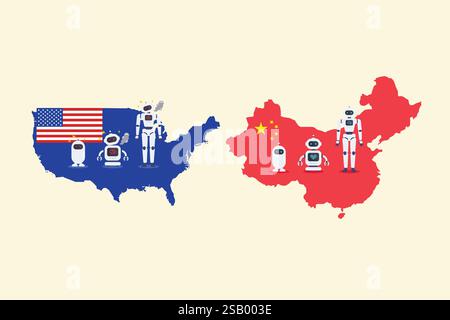 Intelligence artificielle guerre générative contre les USA vs Chine. Machine à intelligence. Illustration vectorielle Illustration de Vecteur