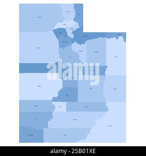 Utah, UT - carte politique détaillée de l'état américain. Carte administrative divisée en comtés. Carte bleue avec étiquettes de nom de comté. Illustration vectorielle Illustration de Vecteur